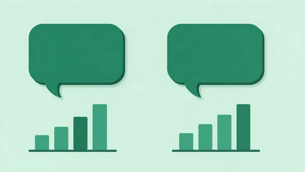 Ilustração plana de dois balões de conversa feitos de blocos geométricos lado a lado, cada um ligado a um pequeno gráfico de barras