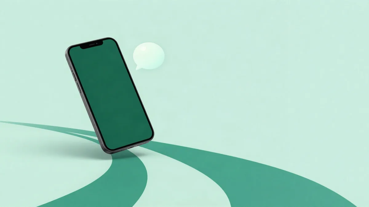 Ilustração de um celular flutuante com um balão de mensagem ao lado e dois caminhos que se separam abaixo dele, em tons de verde escuro e turquesa