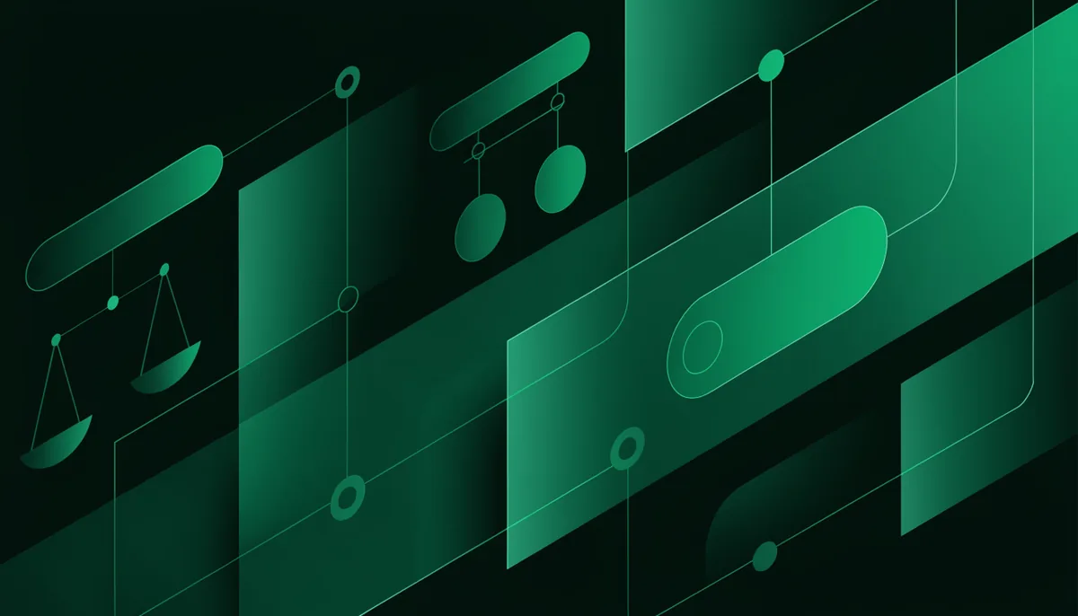 Ilustração abstrata de etiquetas de preço geométricas e balanças flutuantes em tons de verde e teal, representando um teste de preço