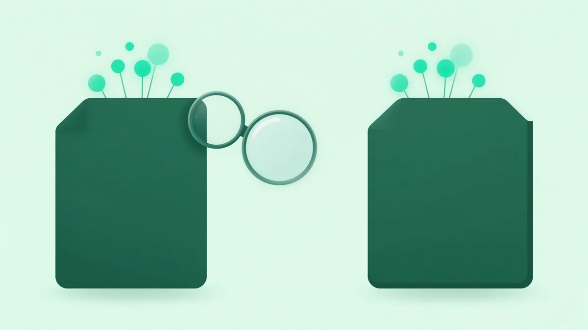 Ilustração abstrata de dois cartões de documento idênticos lado a lado ligados a um agrupamento de nós luminosos, com uma lupa entre eles