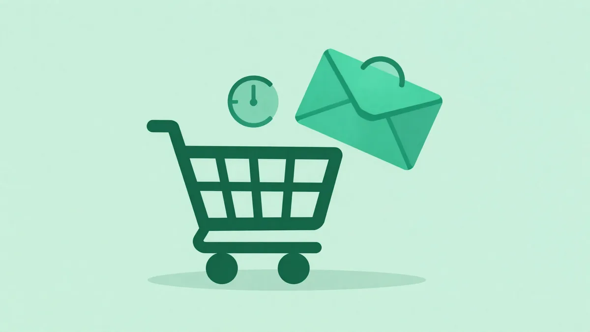 Ilustração abstrata de um carrinho de compras verde escuro com um relógio e um envelope teal flutuando ao lado, sobre fundo verde menta