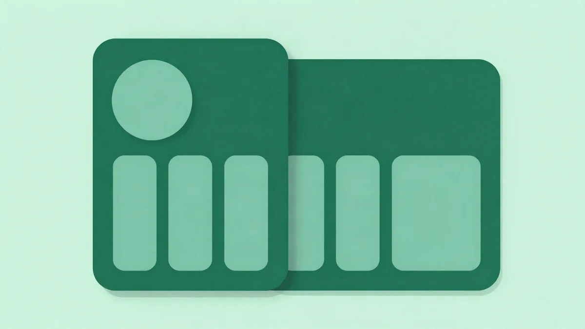Ilustração de um cartão abstrato de ficha de aplicativo com ícone arredondado e painéis de prévia, com uma segunda versão do mesmo cartão atrás
