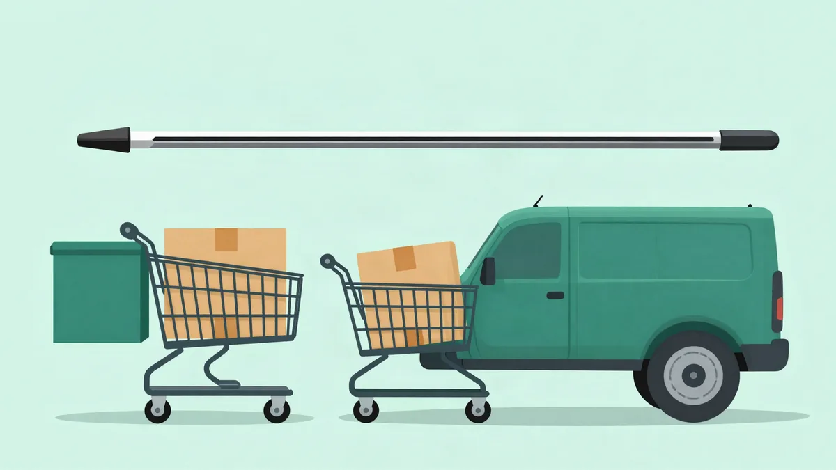 Ilustração plana de um carrinho de compras ao lado de uma van de entrega e uma caixa, com uma barra deslizante acima sugerindo um limiar sendo ajustado