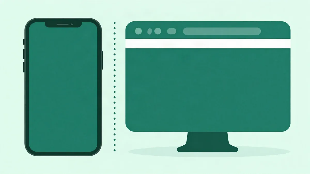 Ilustração plana de um celular e uma janela de navegador lado a lado, separados por uma linha vertical pontilhada