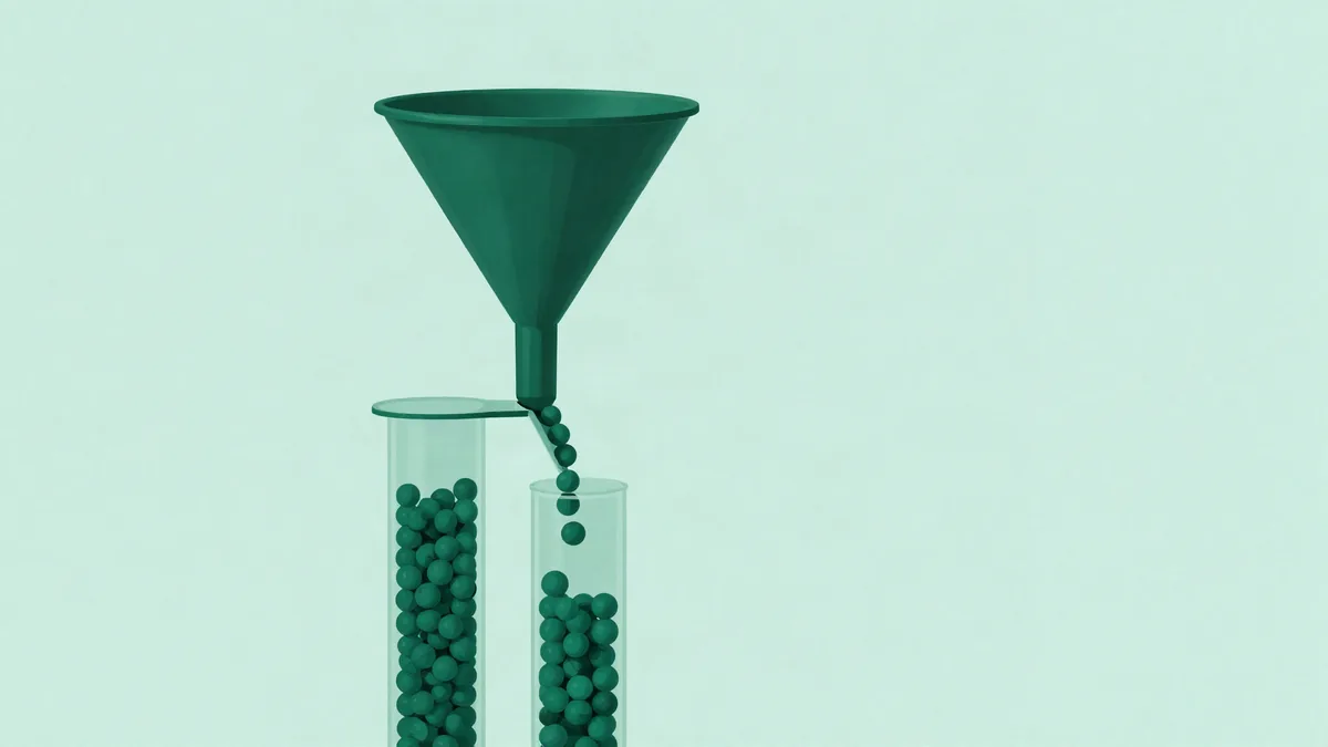 Ilustração plana de um funil despejando esferas que um divisor separa em dois tubos de vidro, um mais cheio que o outro, em fundo verde-menta