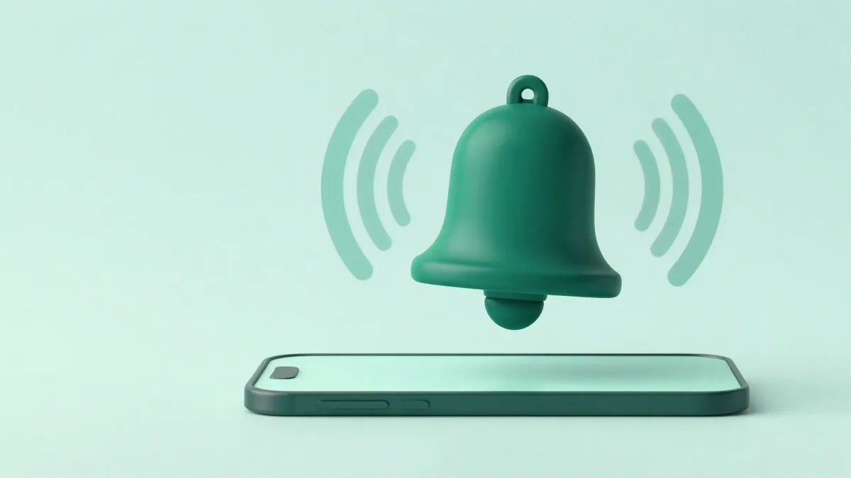 Ilustração abstrata em verde escuro e teal de um sino de notificação flutuante emitindo ondas de sinal acima de uma tela de celular estilizada