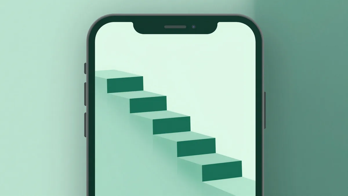 Ilustração abstrata em verde escuro e teal de uma tela de smartphone estilizada com degraus ascendentes representando etapas de onboarding, sem texto