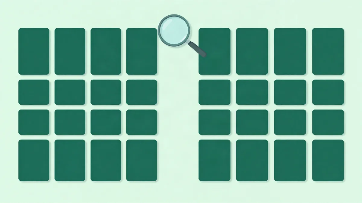 Ilustración plana de dos grupos idénticos de tarjetas rectangulares lado a lado, con una lupa suspendida sobre el espacio entre los dos grupos