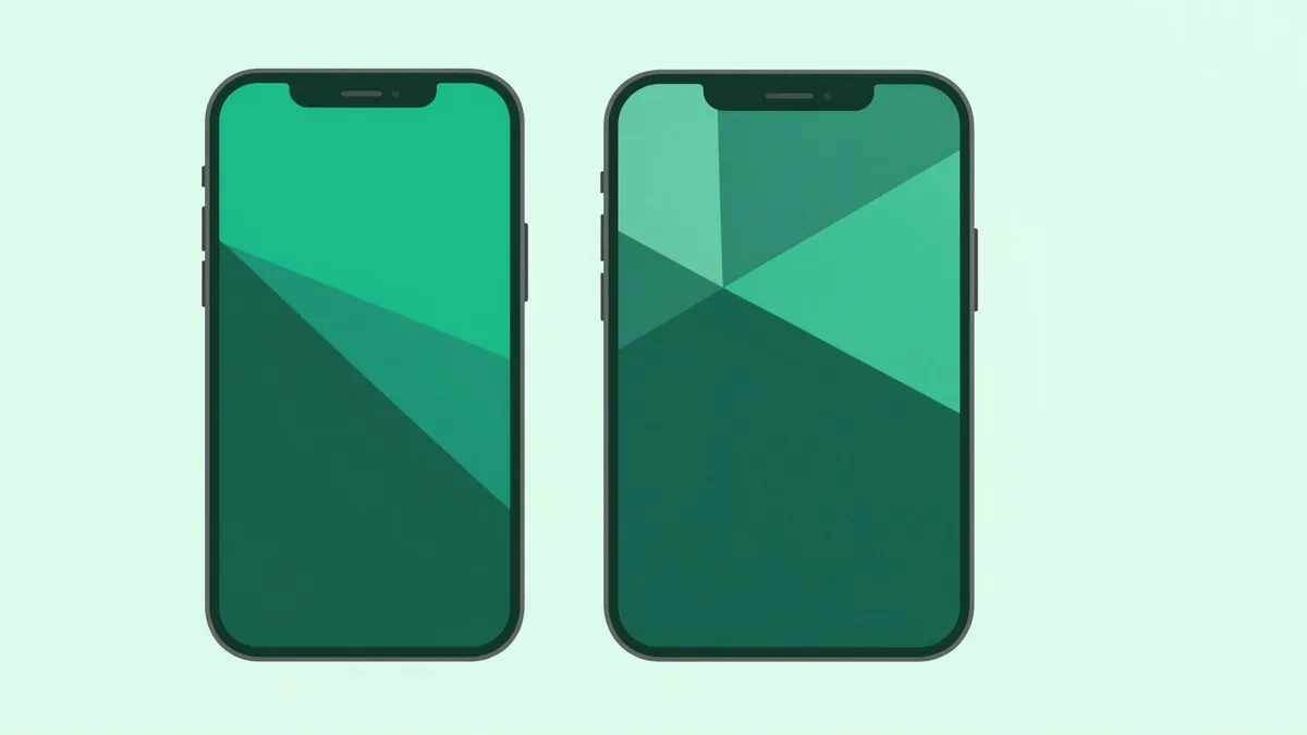 Ilustração abstrata de duas silhuetas de smartphone lado a lado com padrões geométricos sobrepostos diferentes, representando o momento de exibição de um paywall