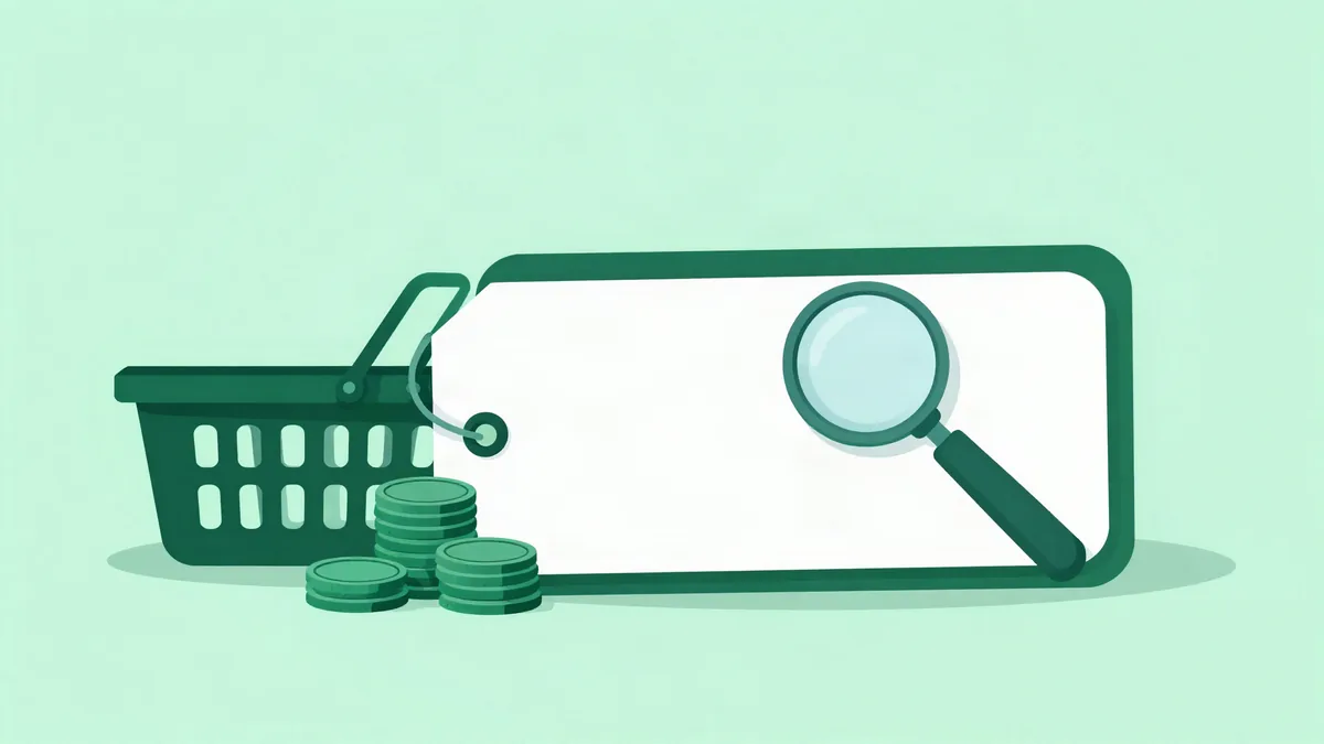 Ilustração plana de uma etiqueta de preço em branco pendurada ao lado de moedas empilhadas e uma cesta de compras, com uma lupa sobre a etiqueta, em fundo verde-menta