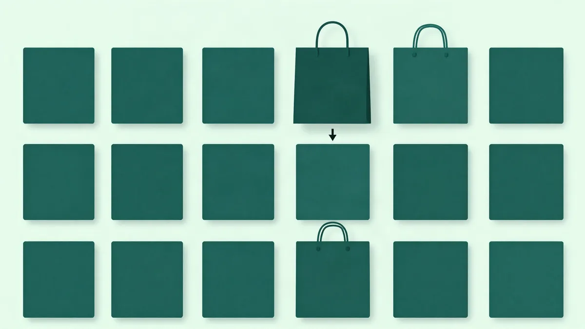 Ilustración plana de una cuadrícula de miniaturas de producto con una tarjeta destacada y flechas que parten de una bolsa de compras hacia ella