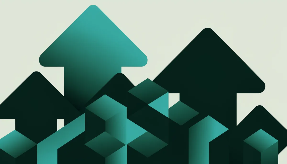 Ilustração abstrata de setas geométricas sobrepostas subindo em degradê verde e teal, sugerindo upgrade de oferta, sem texto ou logotipo