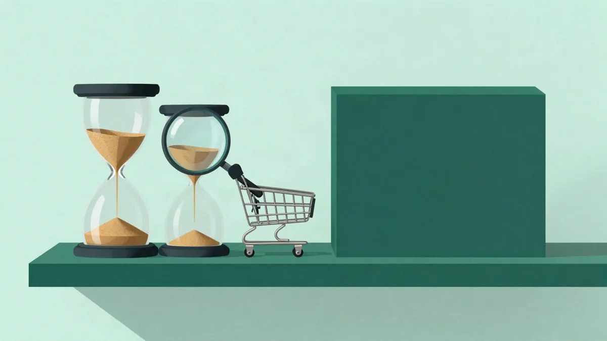 Ilustración plana de dos relojes de arena sobre un estante verde, una lupa examinando la arena que cae, un carrito de compras pequeño al lado y una caja verde grande a la derecha, sobre fondo verde menta