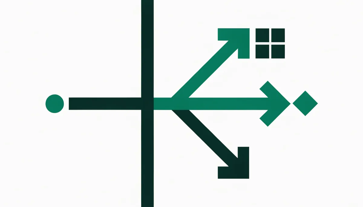 Ilustração abstrata de um caminho se dividindo em três setas divergentes terminando em formas geométricas distintas