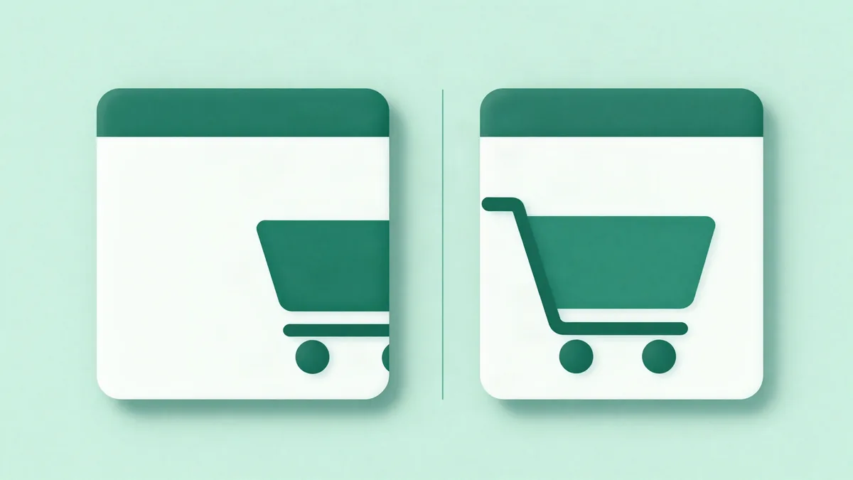 Ilustração de dois cartões de página de loja quase idênticos lado a lado, separados por uma linha vertical, com um carrinho de compras ao lado