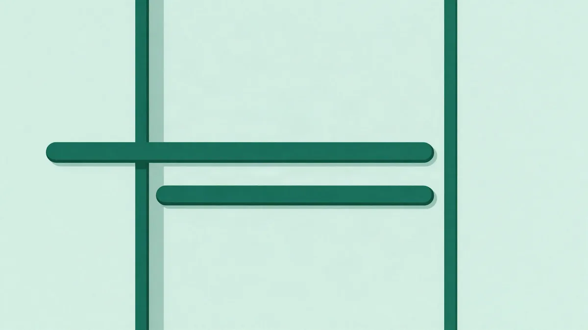 Ilustração plana de duas barras horizontais de comprimento quase idêntico deitadas dentro de um corredor estreito formado por dois postes verticais, em tons de verde profundo sobre fundo verde menta