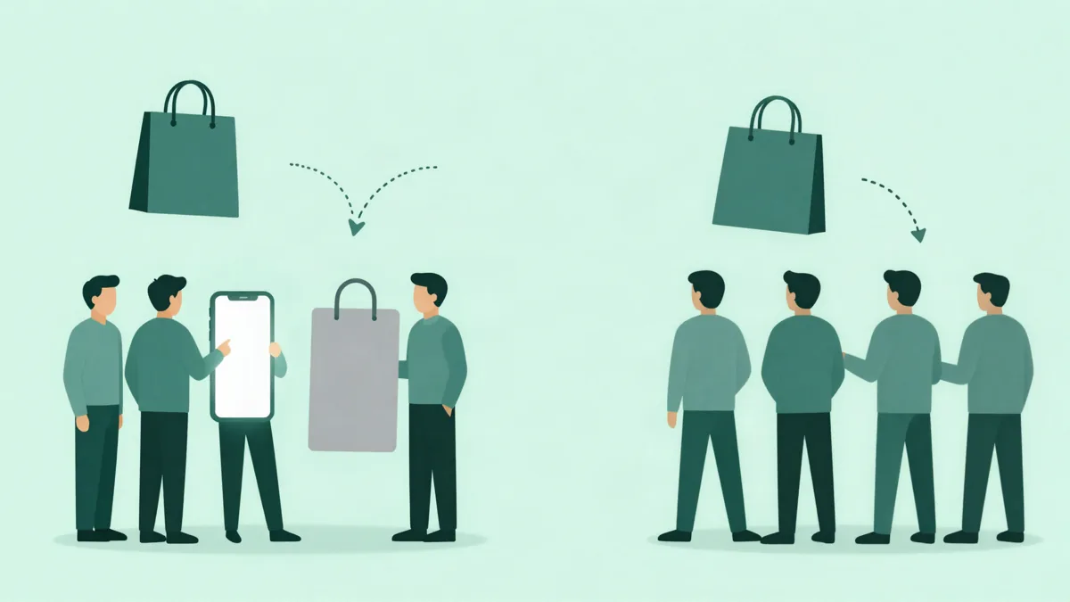 Ilustración plana de dos grupos de personas separados, a la izquierda algunas alrededor de un celular grande y de una tarjeta gris vacía, a la derecha cuatro personas sin ninguna pantalla, con una bolsa de compras verde y una flecha punteada sobre cada grupo, en fondo verde menta
