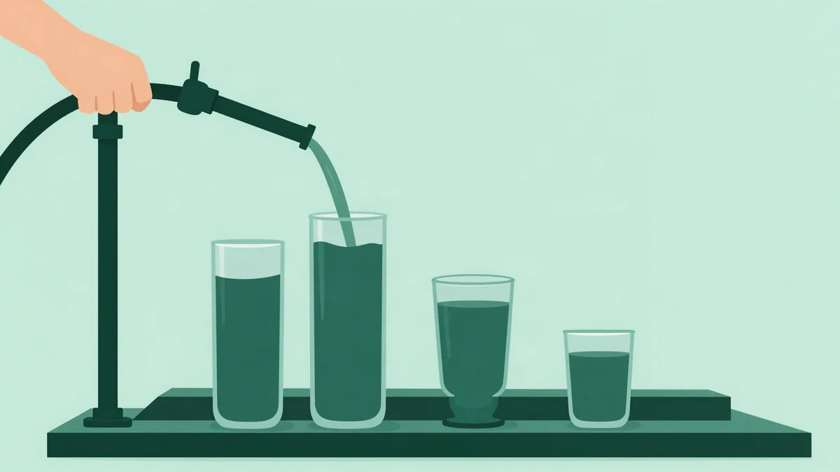 Ilustração plana de uma mão bombeando água por uma mangueira para dentro de copos de tamanhos decrescentes alinhados numa plataforma, o primeiro transbordando e o último quase vazio, sobre fundo verde menta