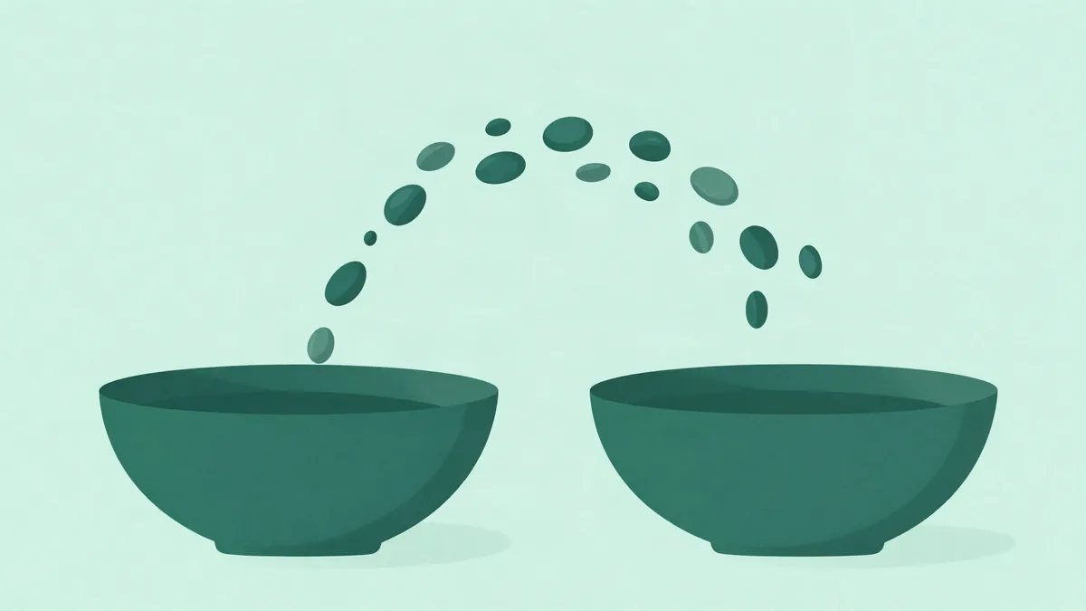 Ilustração plana de duas tigelas verdes lado a lado com pequenas pedras idênticas atravessando o ar em arco de uma para a outra, sobre fundo verde menta