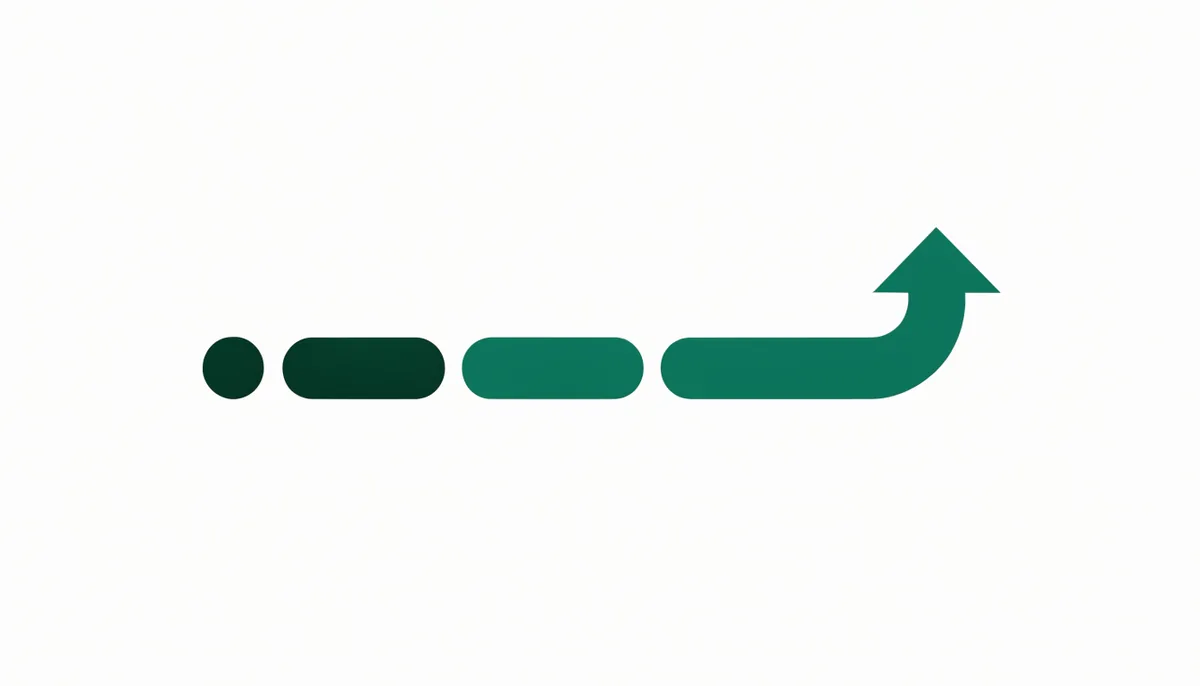 Ilustração abstrata em verde escuro e teal de uma linha do tempo de trial terminando em uma seta apontando para cima, sem texto