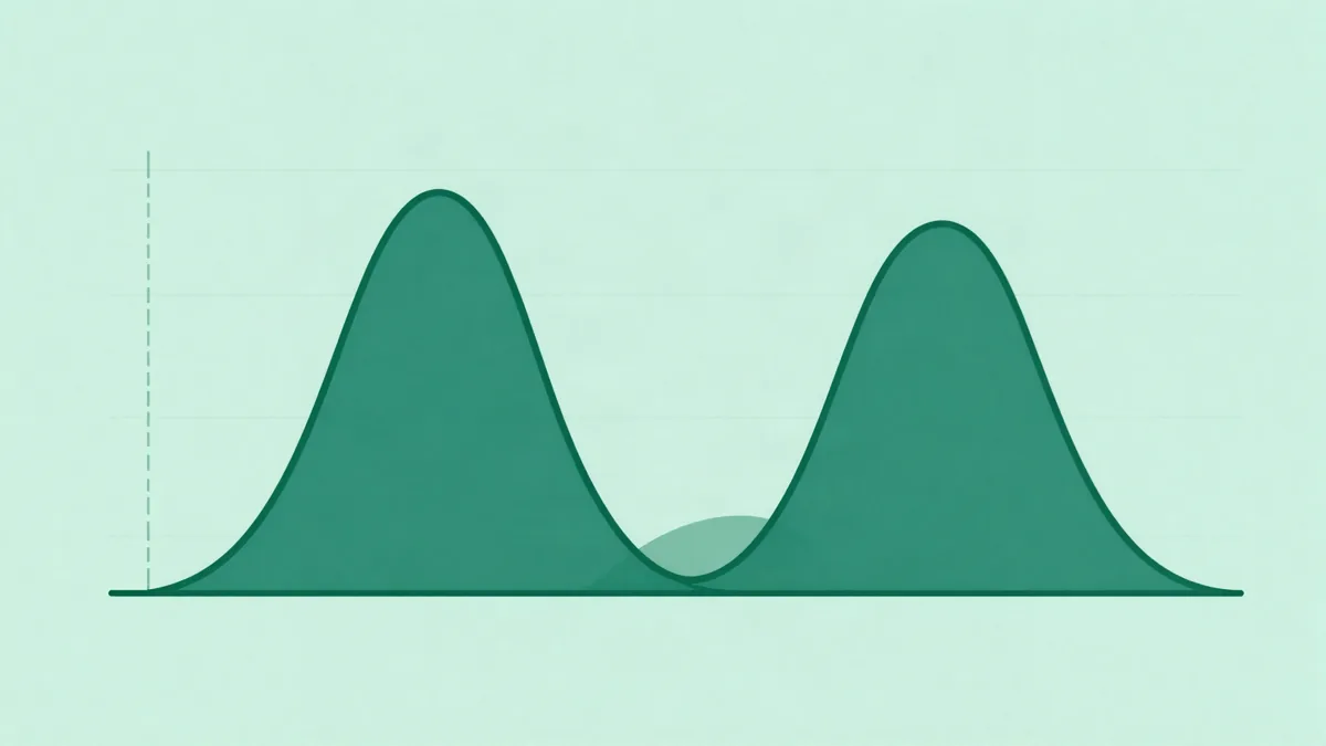 Ilustración plana de dos curvas en forma de campana verde oscuro una al lado de la otra sobre fondo verde menta, con una pequeña área superpuesta más clara entre ellas y una línea vertical discontinua a la izquierda