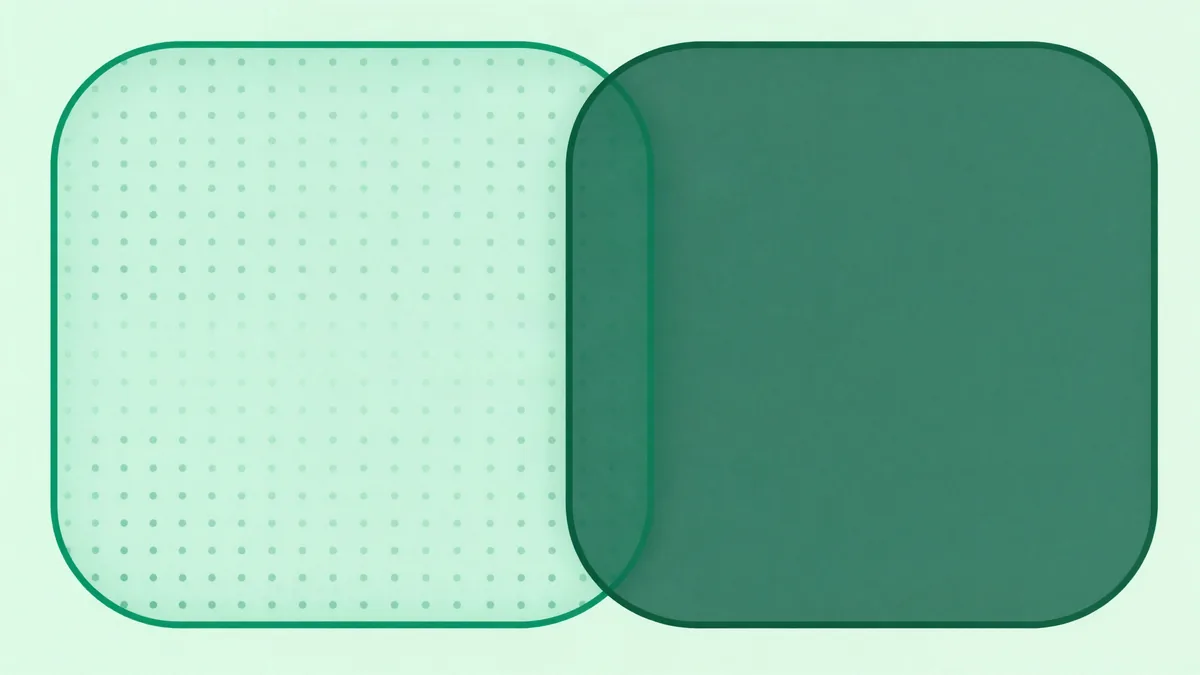 Ilustração plana de dois retângulos arredondados translúcidos se sobrepondo, com a região comum em tom mais profundo, em tons de verde profundo
