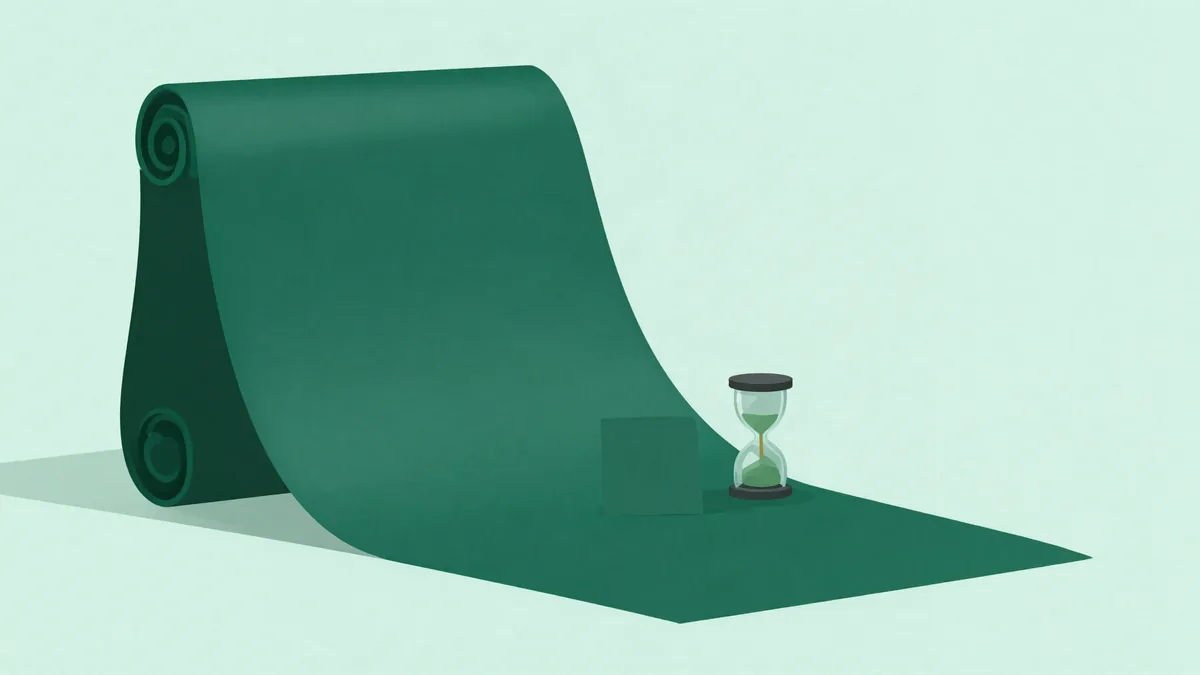 Ilustración plana de un largo rollo de papel en blanco desenrollado junto a una tarjeta diminuta y un reloj de arena, en fondo verde menta