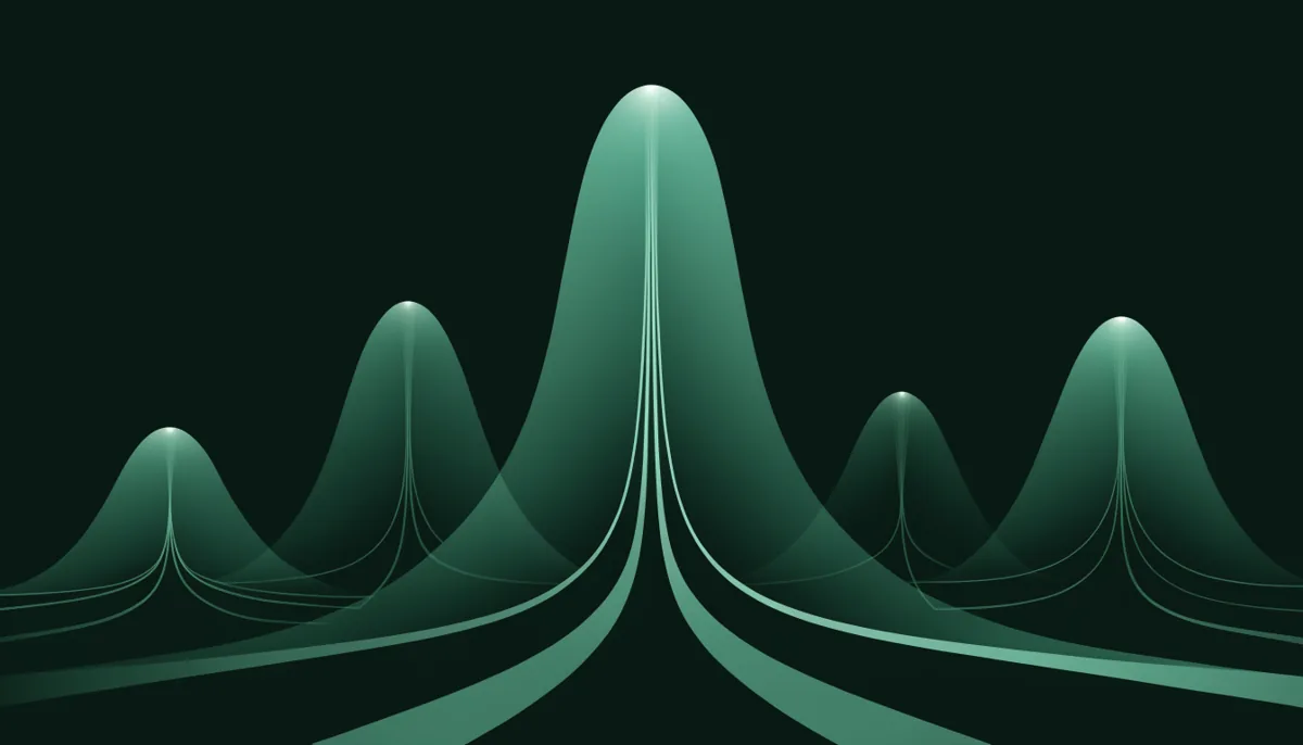 Abstract illustration of overlapping probability distribution curves flowing into branching light paths, in dark green and teal, representing adaptive traffic allocation