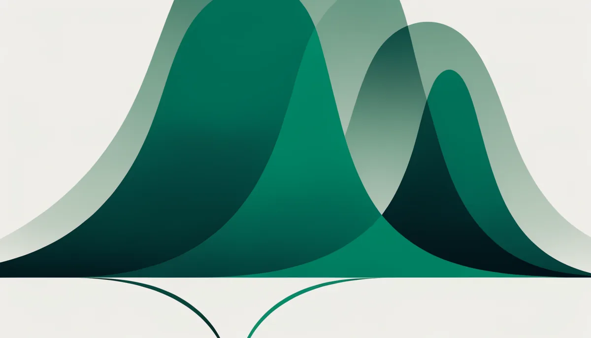 Ilustração de três distribuições de probabilidade em forma de sino, representando a crença sobre a taxa de conversão de três braços de um bandit, em verde escuro e teal