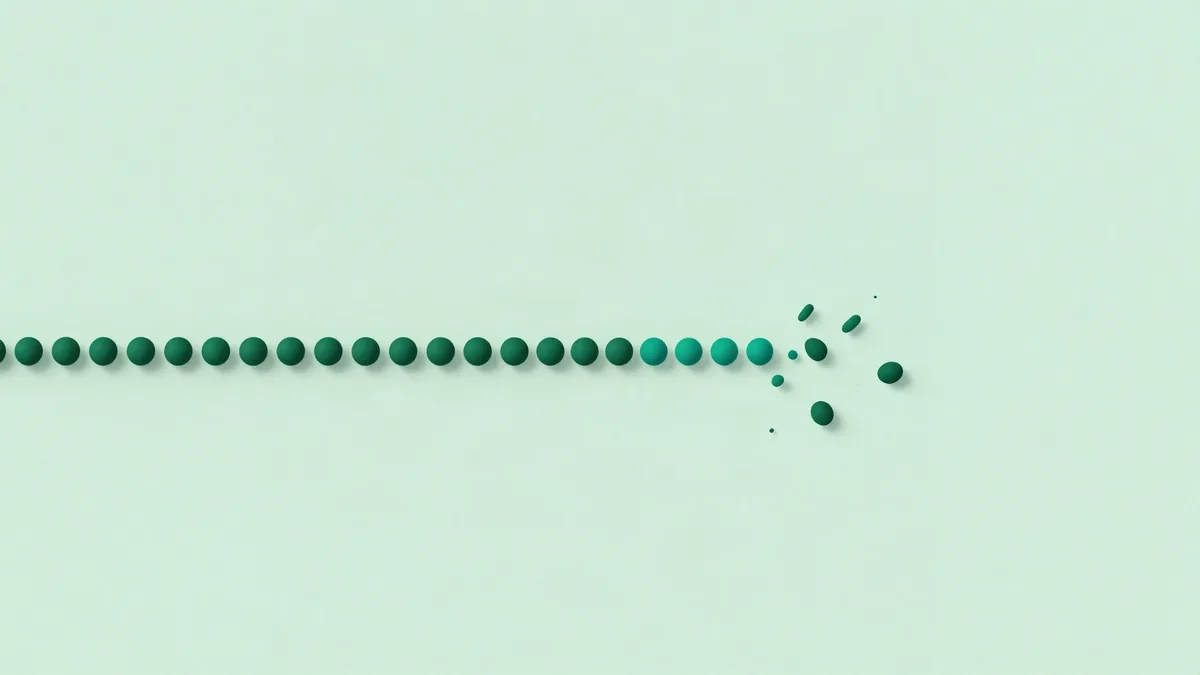 Flat illustration of a horizontal line of evenly spaced round markers that thins out and breaks into scattered faded fragments toward the right, in deep green tones