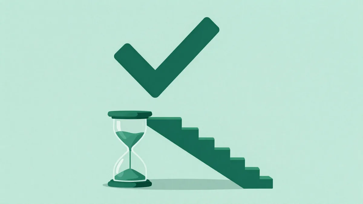 Abstract editorial illustration in dark green and teal of an hourglass transforming into an ascending checkmark arrow, representing a SaaS trial converting into a paid subscription