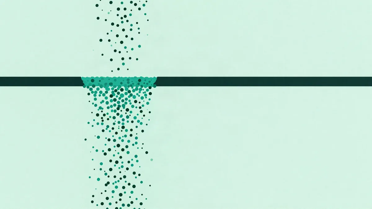 Flat illustration of a dense stream of small dots funnelling through a narrow gap in a long horizontal bar and spreading out thinly below it, in deep green tones