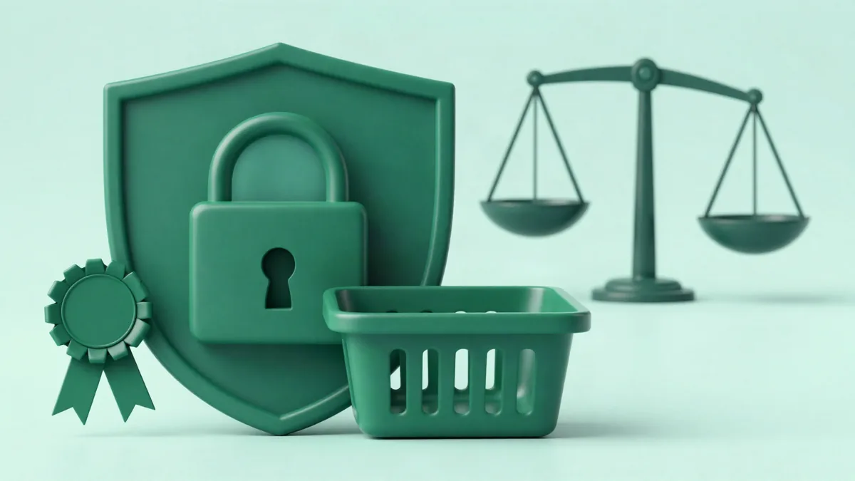 Flat illustration of a dark green shield with a padlock, next to a shopping basket, a rosette seal and a balance scale, on a mint green background