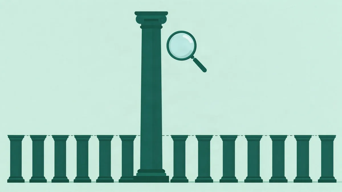 Flat illustration of one enormous column towering over a long row of small identical columns with a magnifying lens beside it, in deep green tones