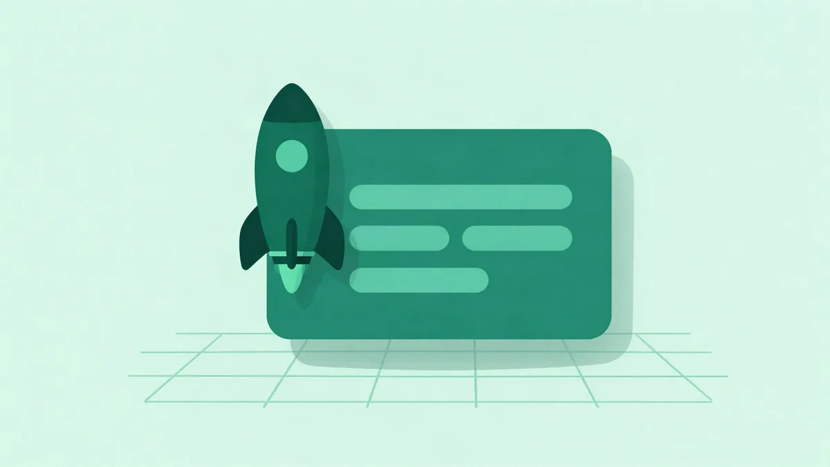 Ilustração plana de um cartão de landing page com um foguete arredondado subindo ao lado, em tons de verde profundo e teal