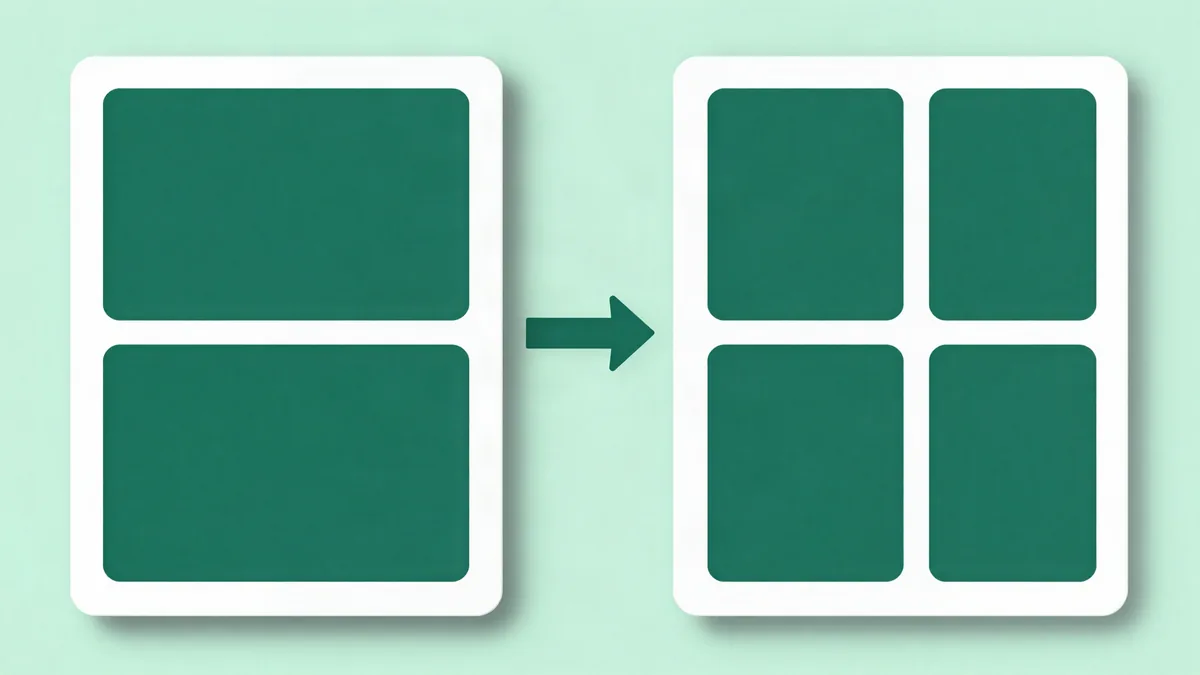 Flat editorial illustration of two page layout cards side by side with an arrow pointing from one to the other, in deep green and teal tones