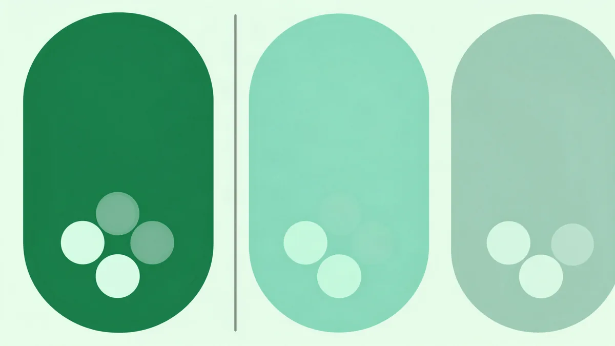 Ilustração plana de três recipientes arredondados enfileirados, cada um contendo pequenos círculos, com uma linha vertical fina separando os recipientes inteiros em dois grupos, em verde profundo e verde menta