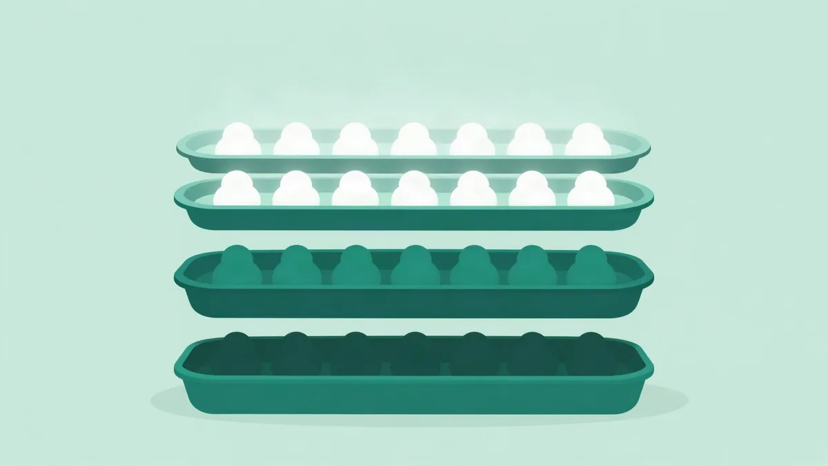 Flat illustration of four stacked trays, the top two full and glowing, the third dim and the fourth empty