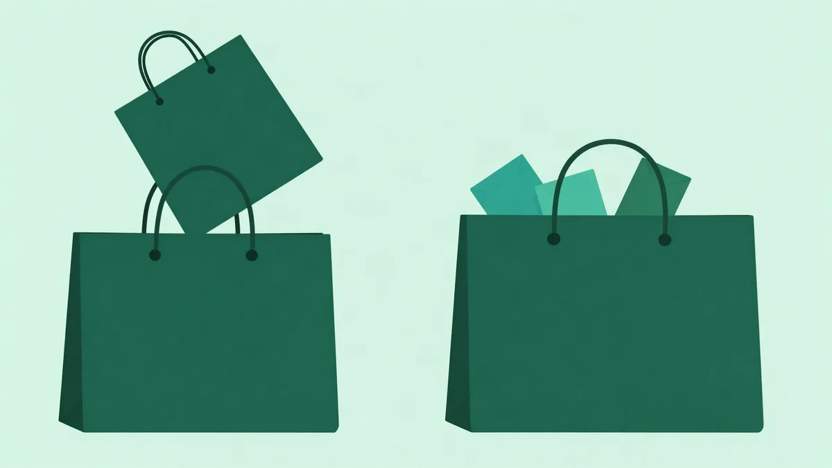 Flat illustration in deep forest green and teal on a soft mint background: two shopping bags side by side, the left one receiving one extra item dropping into it and the right one holding several smaller items, representing an upsell next to a cross-sell