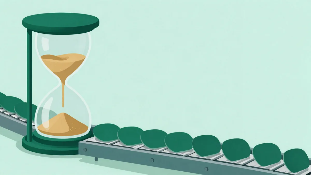 Ilustração de uma ampulheta ao lado de uma esteira transportadora carregando cartões arredondados igualmente espaçados