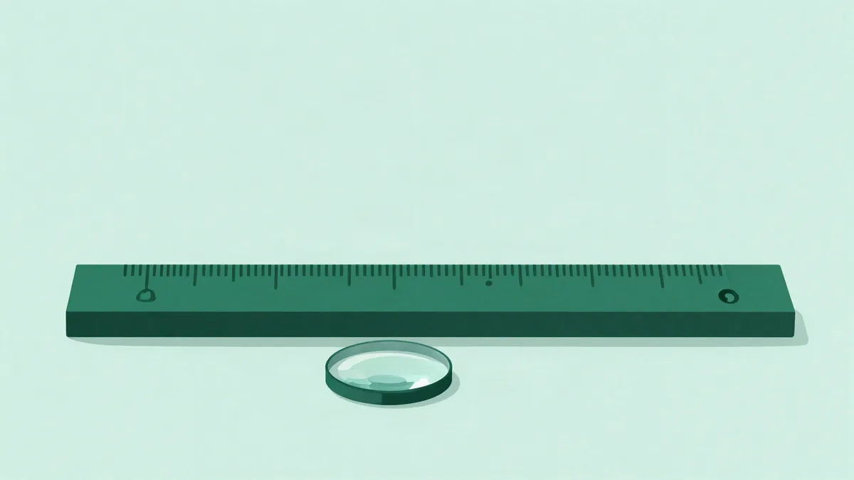 Ilustração plana de uma régua longa apoiada ao lado de um bloco retangular perfeitamente reto, com uma lente redonda de vidro pousada na superfície próxima, em tons de verde profundo