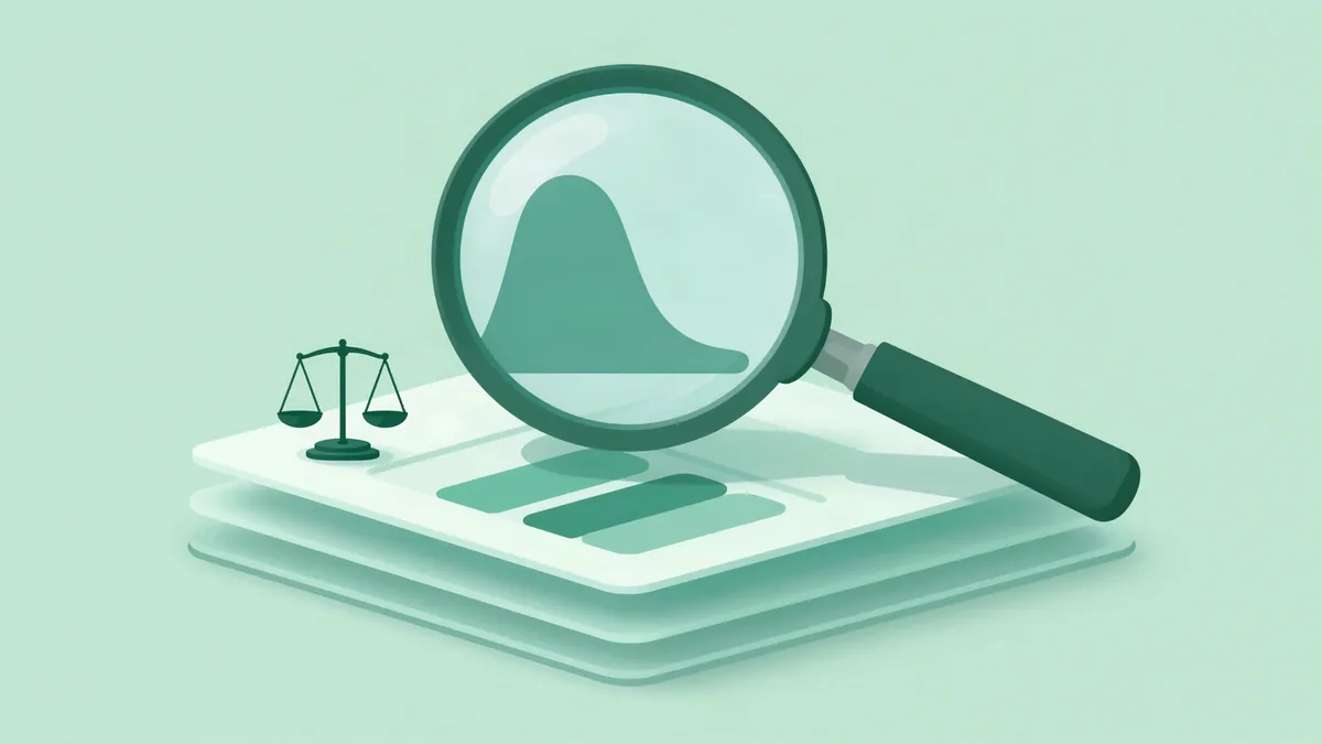 Flat illustration of a magnifying glass over a stack of app panels showing a probability curve and two comparison bars, with a small balance scale beside it