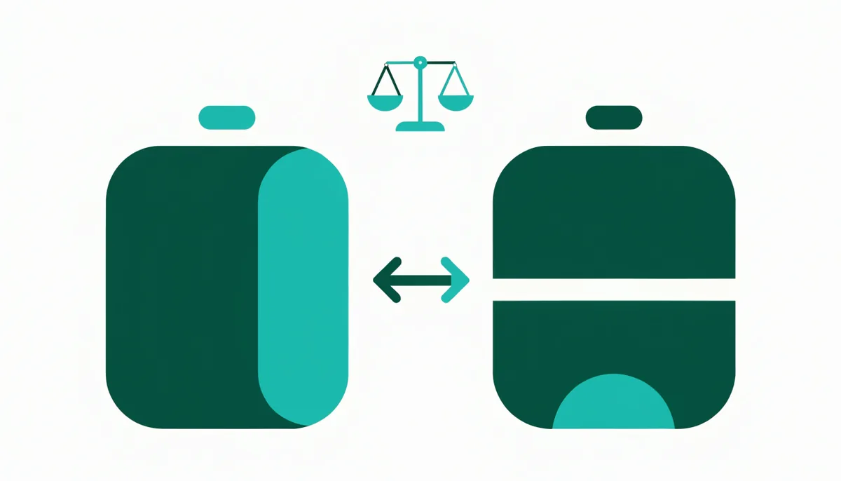 Ilustração abstrata de duas janelas de software lado a lado conectadas por uma seta de comparação, com um ícone de balança acima