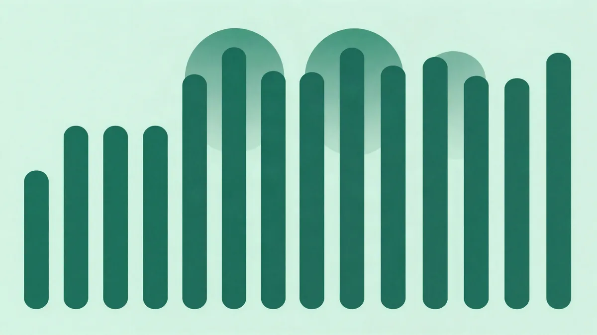 Flat illustration of a row of rounded green vertical bars of alternating heights repeating in a steady rhythm across a pale mint background