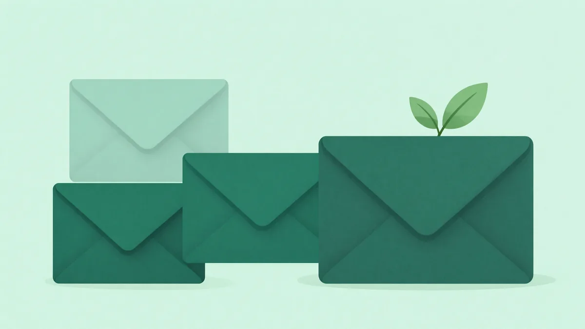 Three abstract deep green envelope shapes arranged in a rising diagonal row with a small sprouting leaf on the last one, on a light mint background