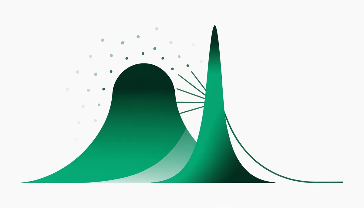 Abstract illustration of two overlapping bell curves, one wide and noisy, one narrow and clean, representing the variance reduction CUPED brings to an A/B test