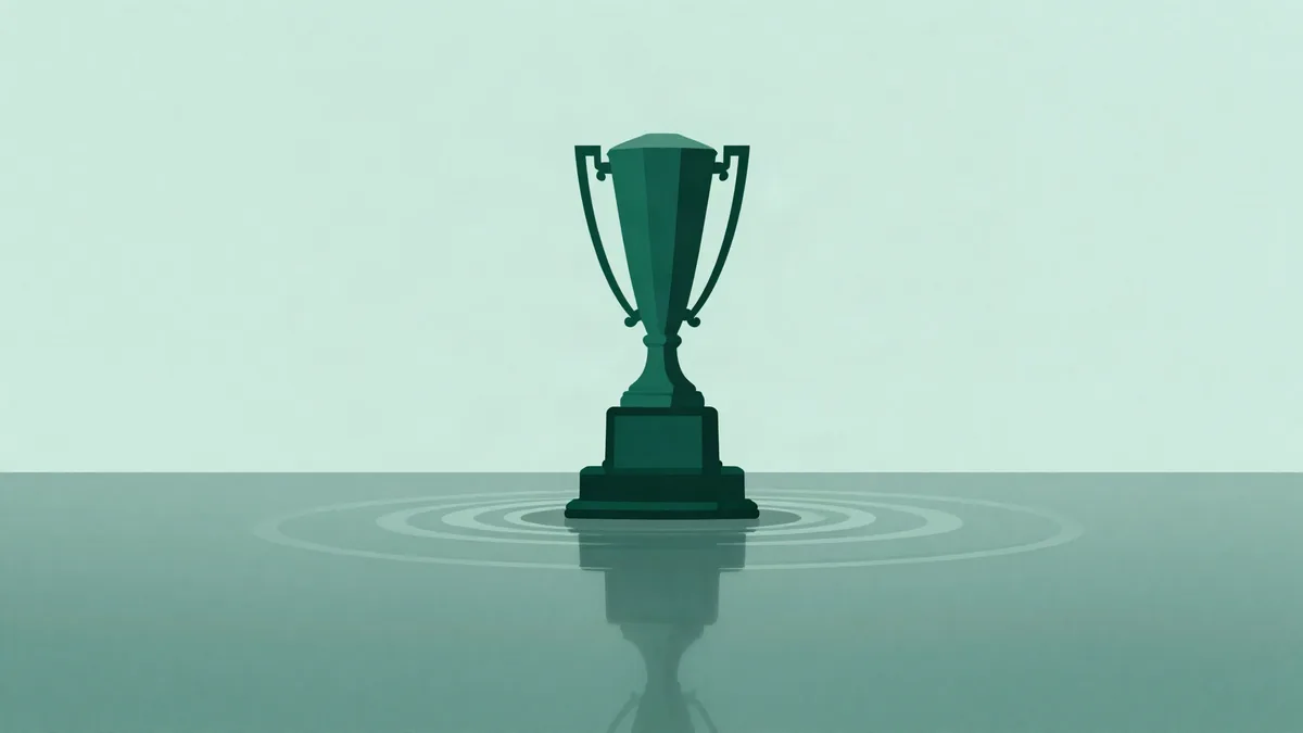 Flat illustration of a tall trophy on a podium whose mirrored reflection below is noticeably smaller and fainter, in deep green tones