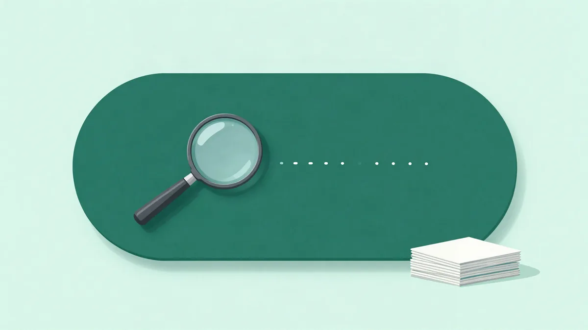 Abstract illustration of a magnifying glass resting on a large rounded answer panel, with a dotted trail stopping short of a small stack of pages